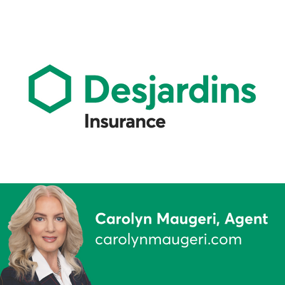 Desjardins Insurance logo with a contact card for Carolyn Maugeri on a white background